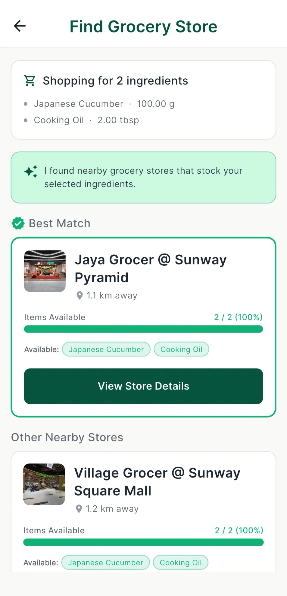 A recipe matched to nearby grocery stores