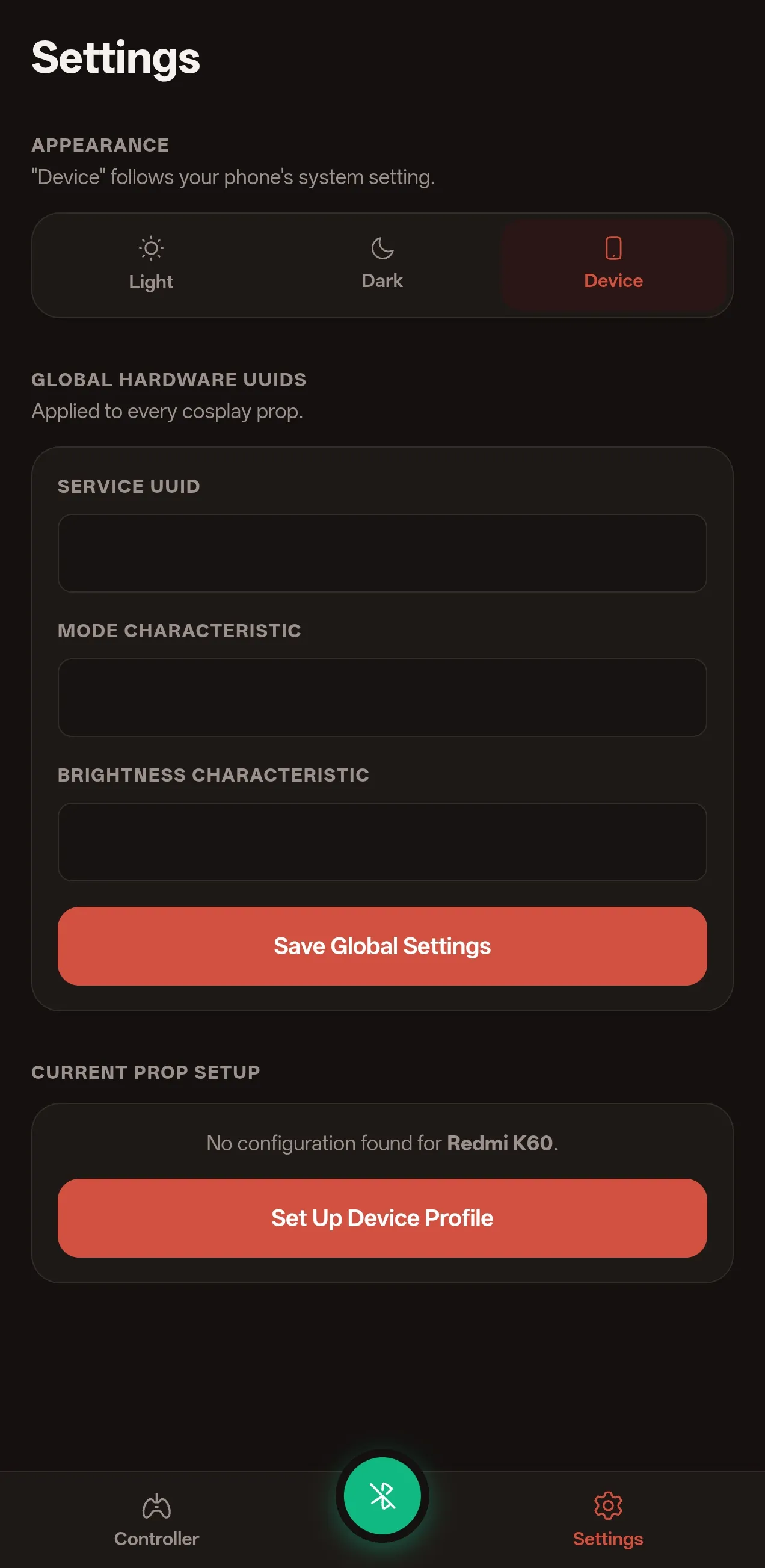 Settings screen